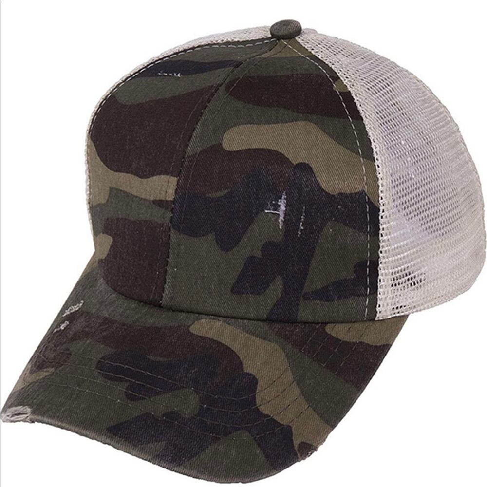 Camo Distressed NEW Baseball Hat Mesh Criss Cross High Pony Baseball Cap NEW